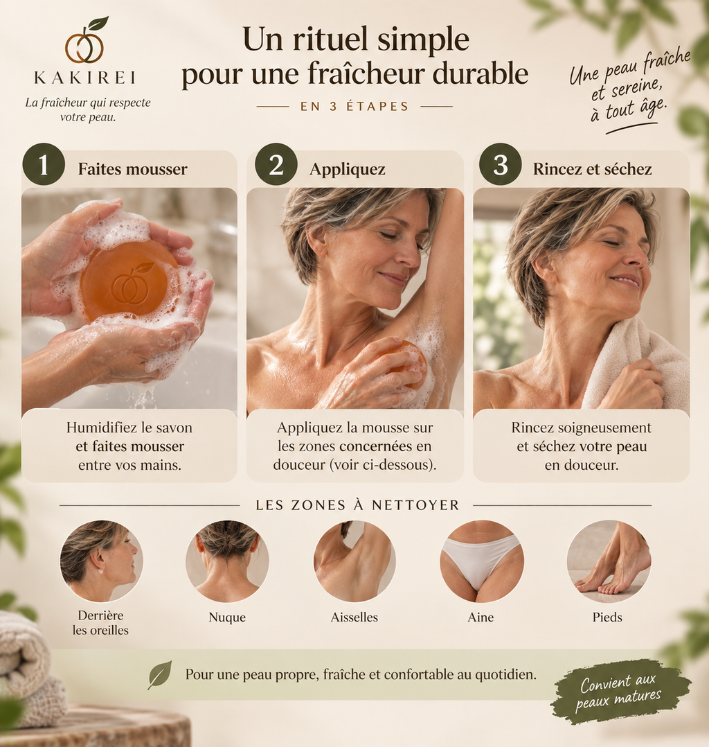 Planche illustrée du rituel en trois temps : faire mousser le savon entre les mains, appliquer la mousse, rincer et sécher.