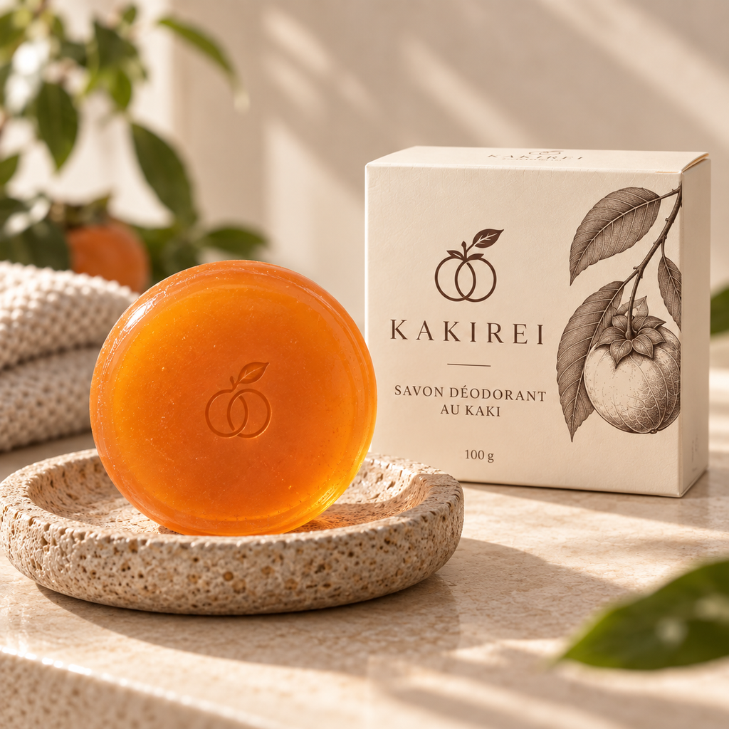 Le savon au kaki vu de près : sa couleur et son grain.